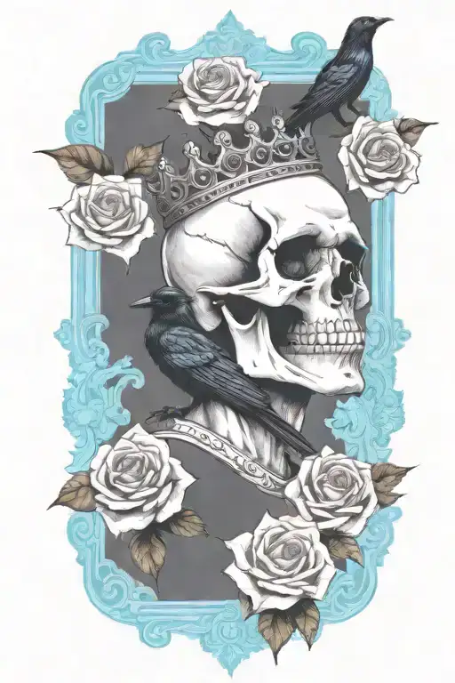 Skull Wearing Crown With Raven On Skull And Blue Roses