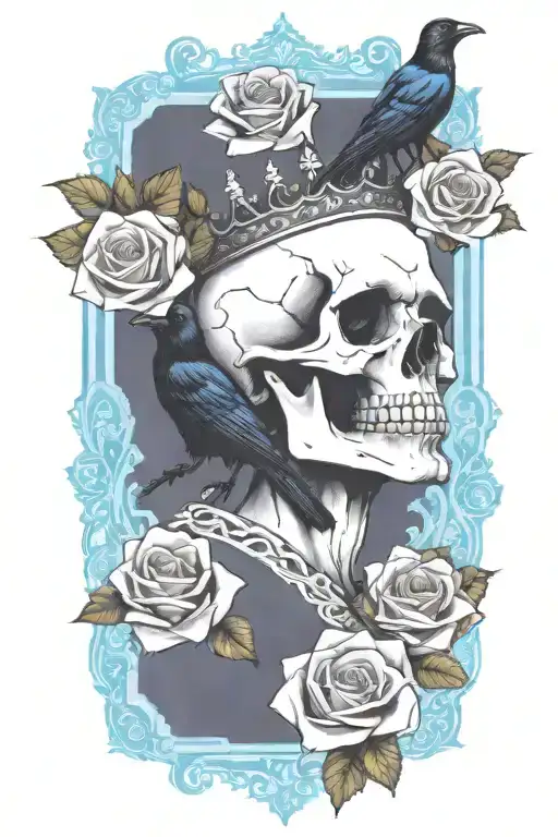 Skull Wearing Crown With Raven On Skull And Blue Roses