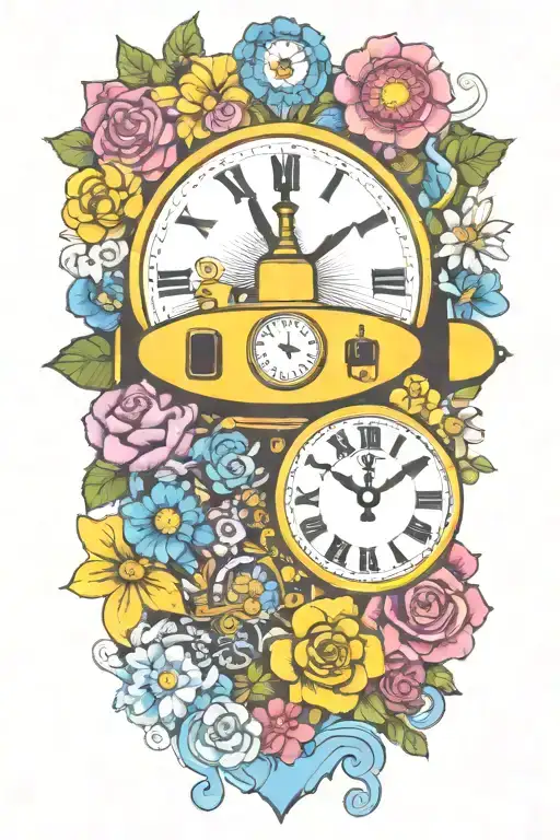 Yellow Submarine With Colorful Flowers And Clock And Rainbow