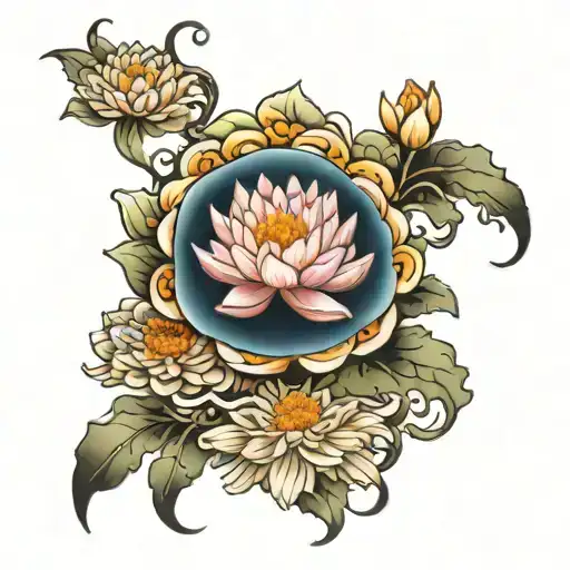 Water Lilly And Chrysanthemums Flower