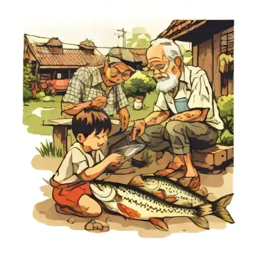 Grandpa Prepare Fish In Garden While Small Boy Is Next To Him