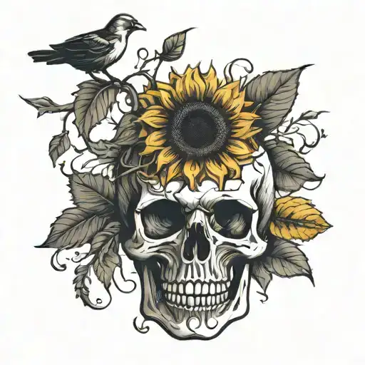 Skull And Sunflower With Birds And Branches