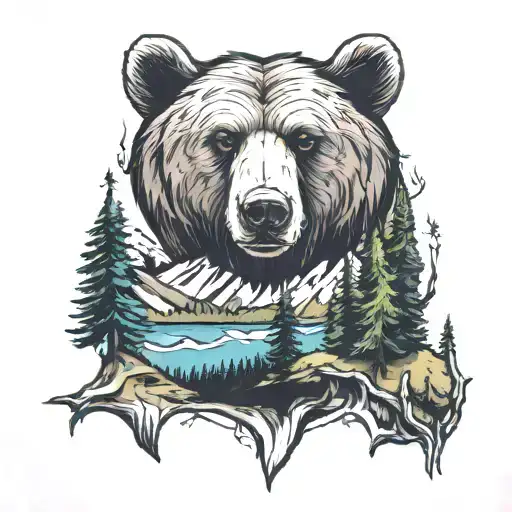 Bear In The Woods Surrounded By Mountains