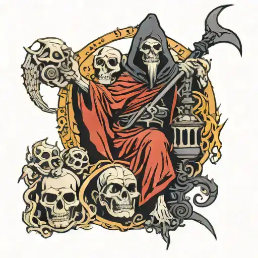 Grim Reaper In Middle With Devil And Budha In On Side