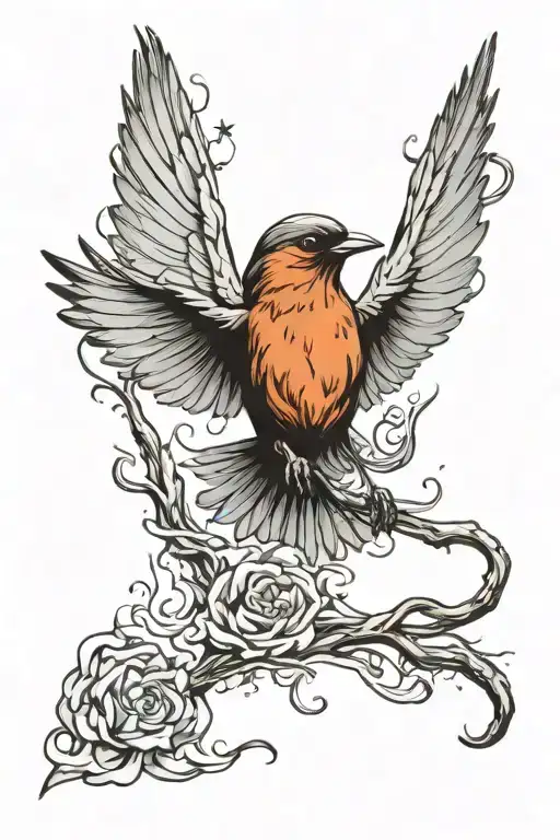 Robin Bird Flying Out Of Flames Left Arm Sleeve