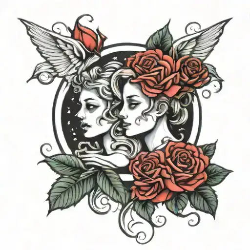 Gemini Zodiac Sign With Red Roses On The Top And Bottem With Thorns