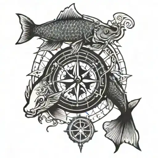 Koi Fish And Viking Compass With Runes