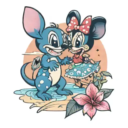 Minnie And Stitch On The Beach At Dawn