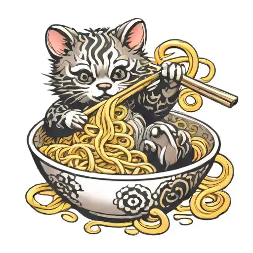 Baby Animal Eating Ramen Noodles In A Bowl Of Ramen Noodles
