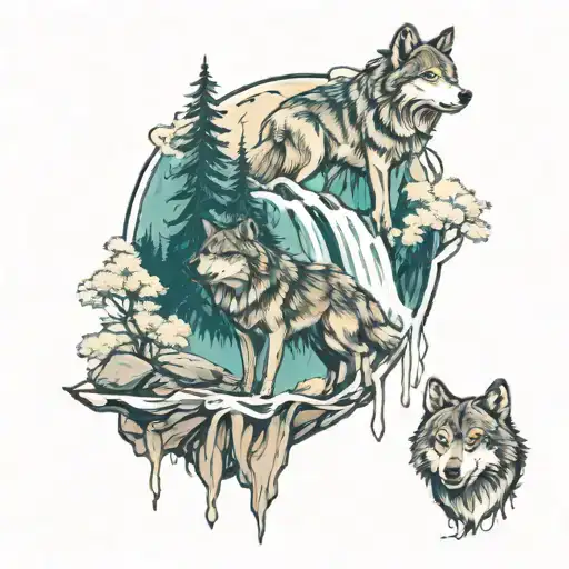 Wolves In A Forest With Waterfall