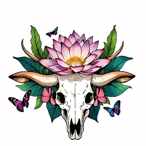 Longhorn Cow Skull With Lotus Flower And Butterflies