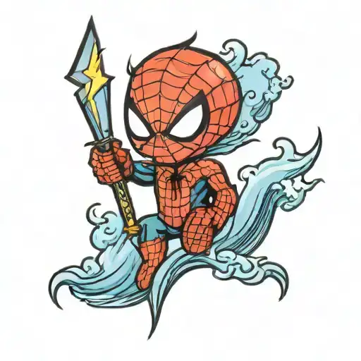 Chibi Baby Spiderman Holding A Lightning Bolt While There Is Ocean Waves In The Backround