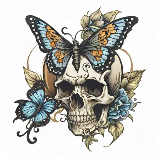 Skull Adorned And Hourglass And Butterfly