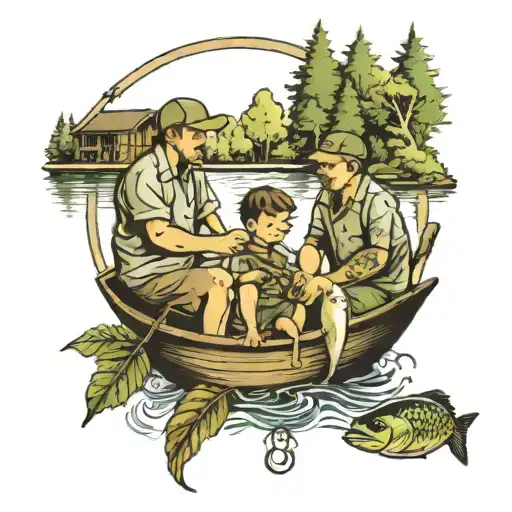 Dad Fishing With His Two Kids And Trees In Background