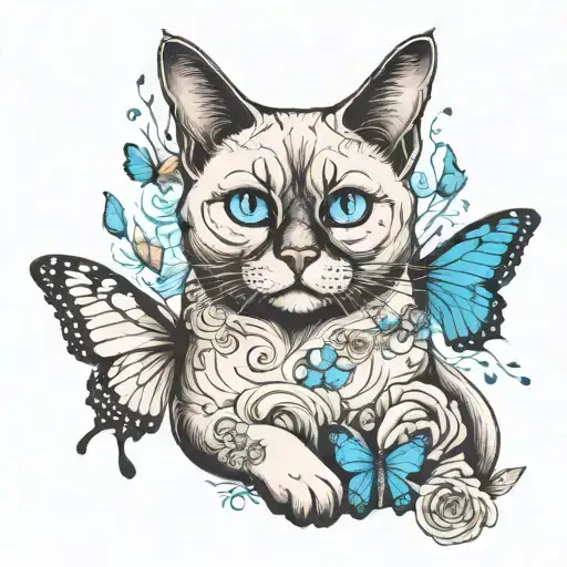A Fat Siamese Cat With Wings And Blue Eyes Surrounded By Butterflies