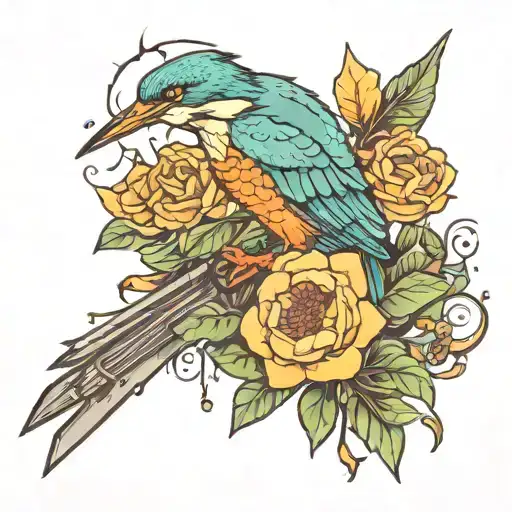 Kingfisher With A Dagger And Flowers