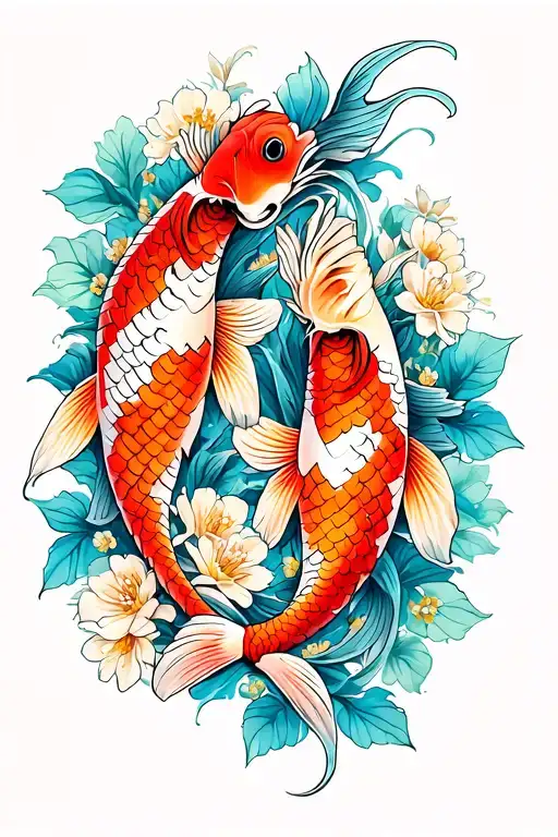 2 Koi Fish Surrounded By Flowers Blooming