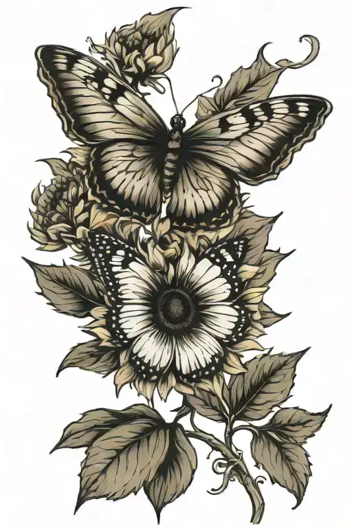 Sunflower And A Butterfly Flying