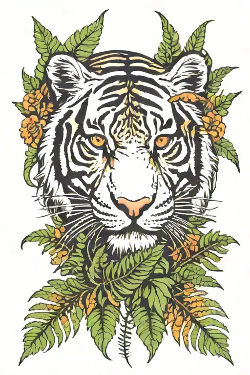 Fern Leaves With Tiger Peering Through A Slit