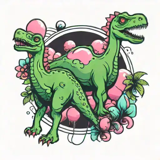 Green Long Neck Dino And Pink Balloon Dog