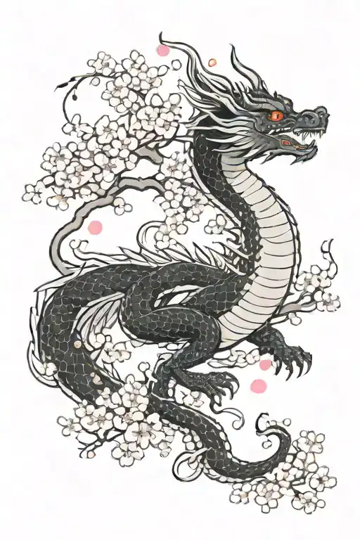 Japanese Black Dragon Surrounded By Cherry Blossom Trees
