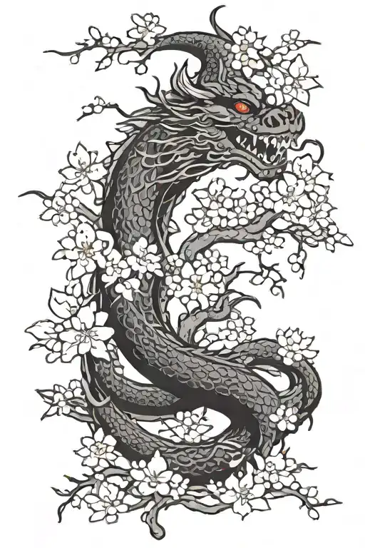 Japanese Black Dragon Surrounded By Cherry Blossom Trees