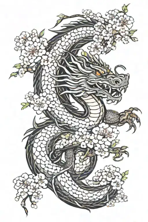 Japanese Black Dragon Surrounded By Cherry Blossom Trees