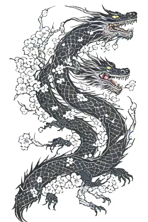 Japanese Black Dragon Surrounded By Cherry Blossom Trees