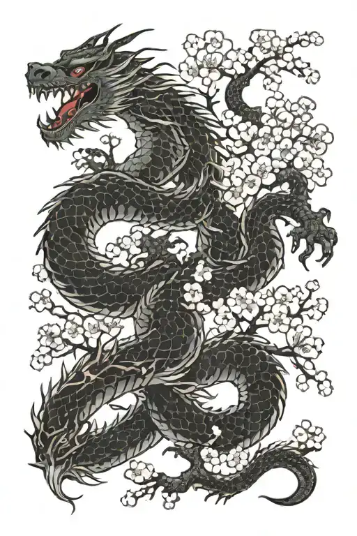 Japanese Black Dragon Surrounded By Cherry Blossom Trees