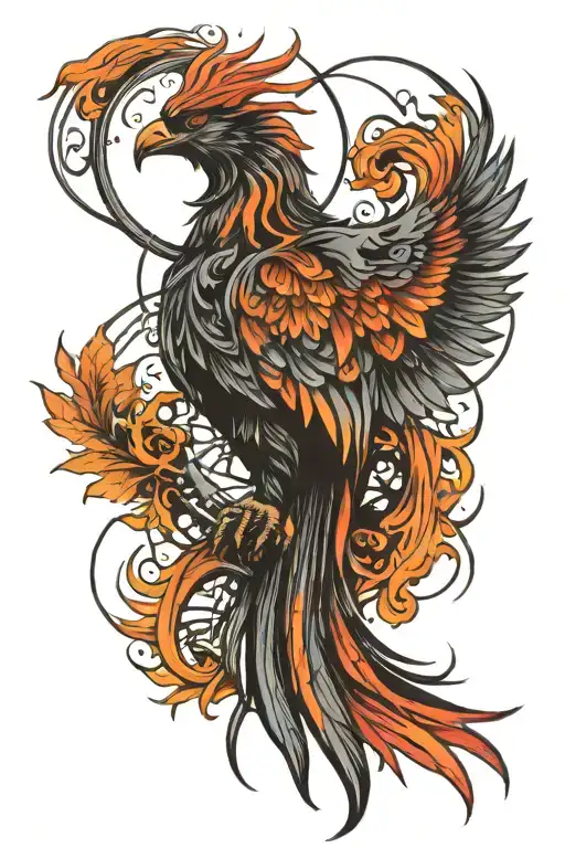 Phoenix Rising From The Ashes And Moon Phases Intertwined