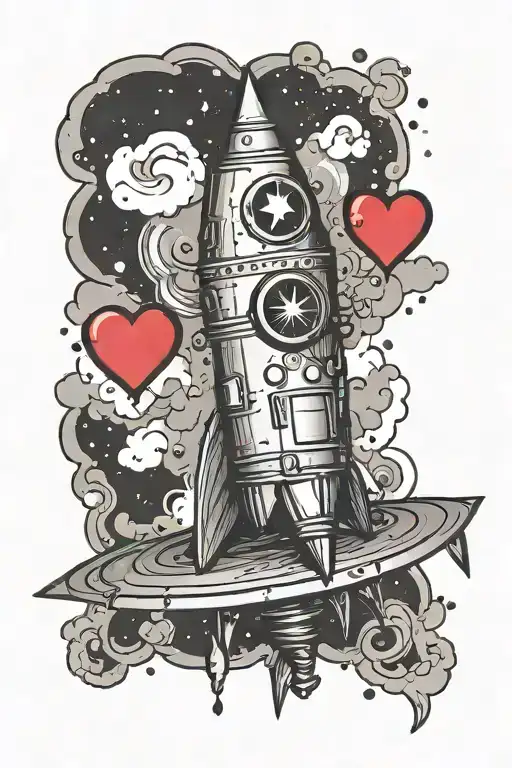 Little Tattoo Of A Fearful Rocket With Heart Around This Side And Big Eyes