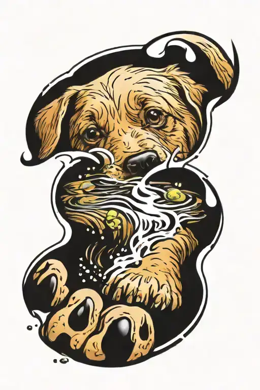 Dog Paw With A Dog Inside And A Water Fall With A Tennis Ball On The Surface