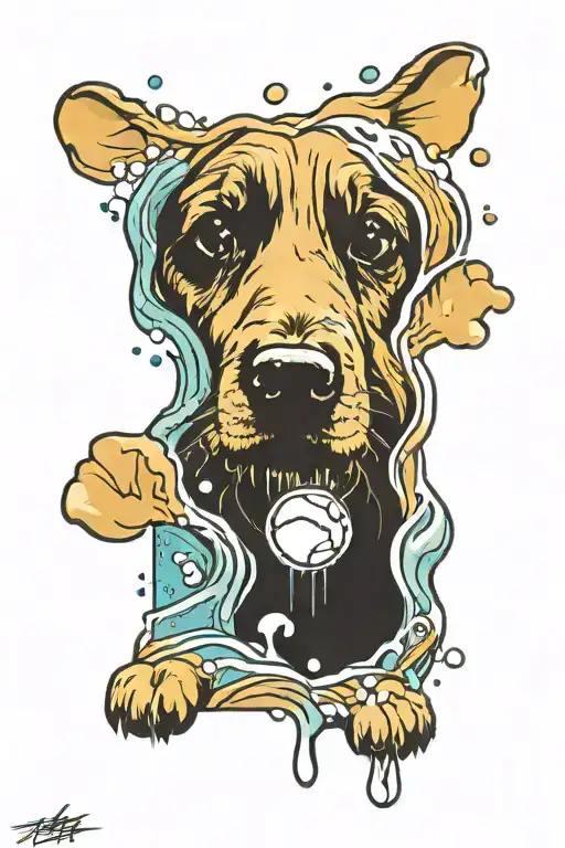 Dog Paw With A Dog Inside In The Background And A Water Fall With A Tennis Ball On The Surface