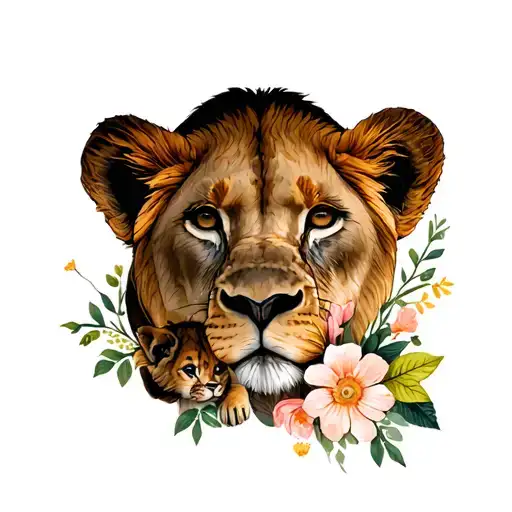 Lioness And Baby Cub Include Flowers Growing