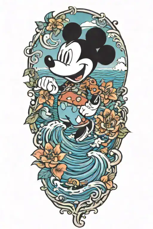 A Tattoo Of A Hawaiian Ocean With Mickey Mouse Ears Incorporated Into The Design