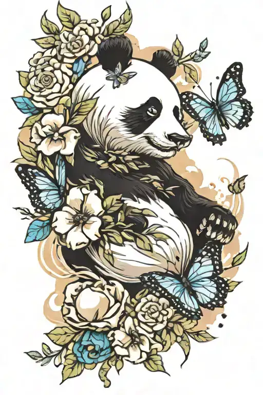 Panda Butterfly Clouds And Flowers