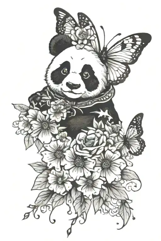 Panda Butterfly Clouds And Flowers