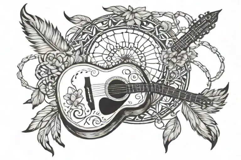 Acoustic Guitar With Dream Catcher Feathers Hanging