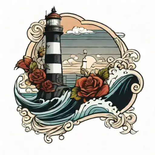 Lighthouse With Crashing Waves And Roses Intertwined