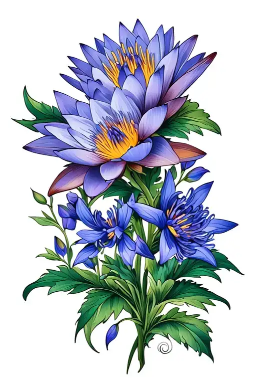 Water Lily Flower And Larkspur Flowers Intertwined