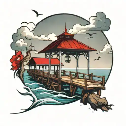 Pier Over The Ocean With A Red Roof At The End