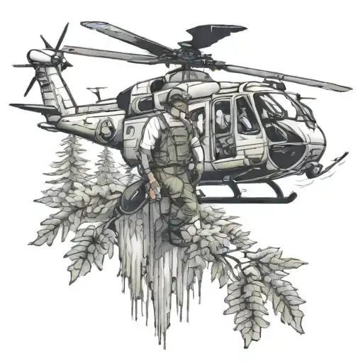 A Neotraditional Tattoo Of A Helicopter Mechanic Working On A Helicopter In A Forest Setting