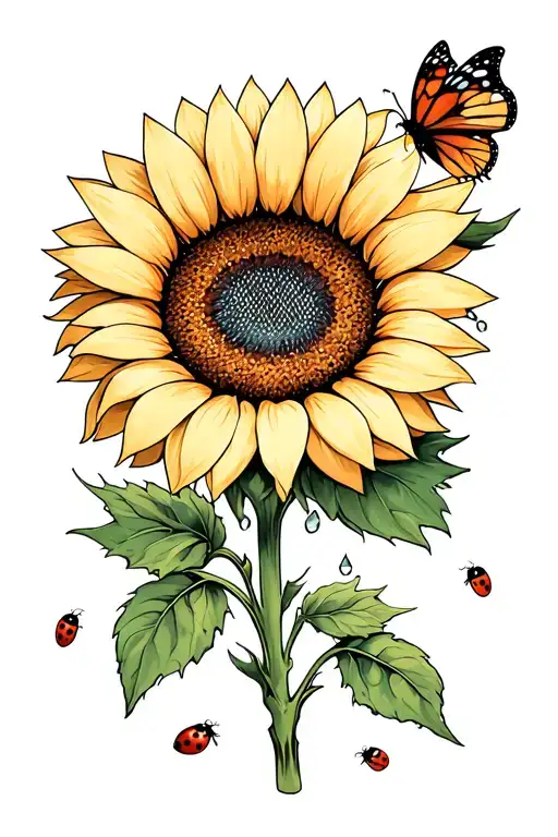 Sunflower With Dew And Butterfly And Small Lady Bugs