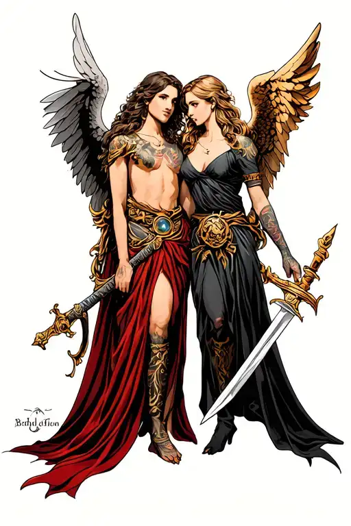 Male Angel And Female Angel And Sword And Gemini