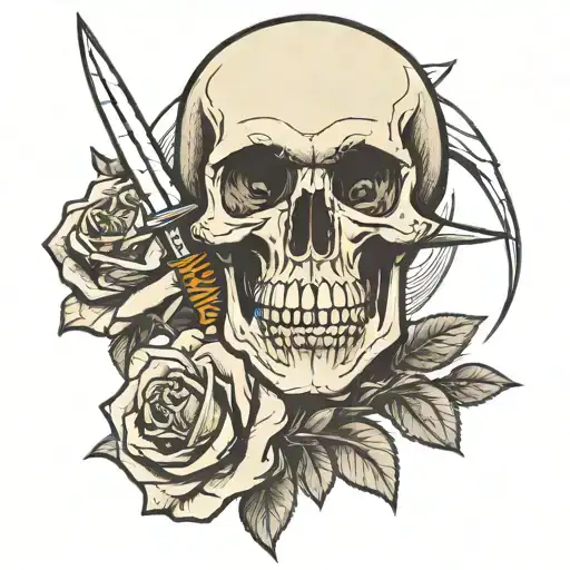 Skull With Dagger Going Through Left Eye Socket Going Through A Rose