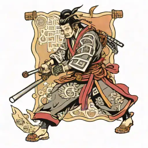 Samurai Tattoo Holding A Scroll With A Map