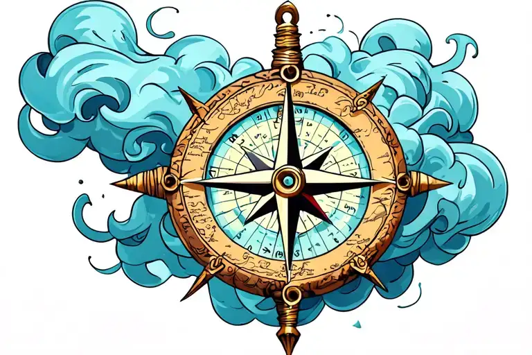 Compass Rose From Treasure Map With A Blue Cloud Of Smoke Behind It
