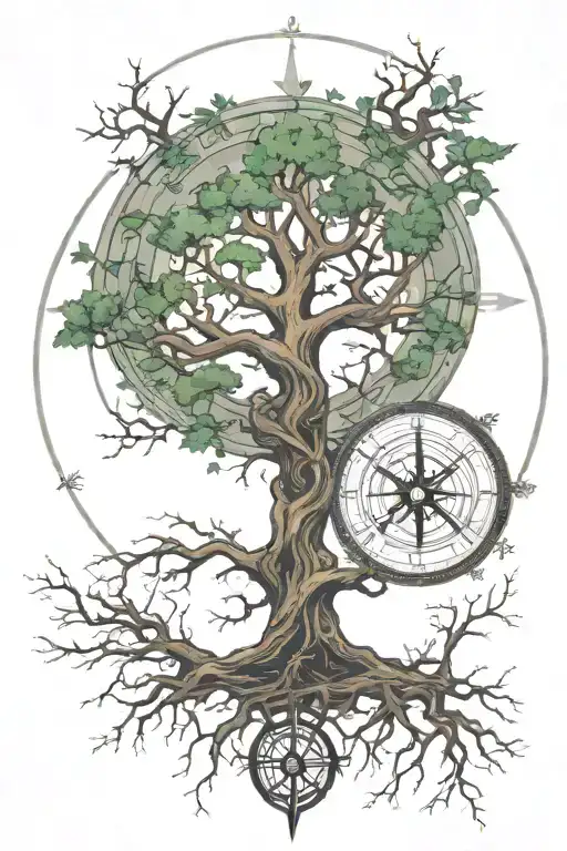 Yggdrasil With An Icelandic Viking Compass In The Stem And Huginn & Munin Sitting In The Tree Top
