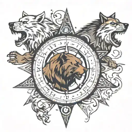 Viking Compass Blended With A Bear And Wolf Fighting