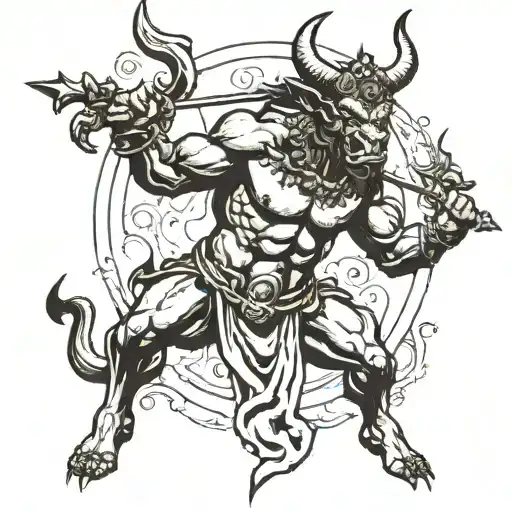 Male Black Minotaur Holding A Fire Bow